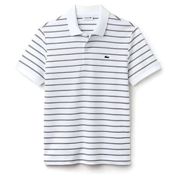 NWOT Lacoste Regular Fit Black Striped Summer Short Sleeve White Polo Shirt - Picture 1 of 2